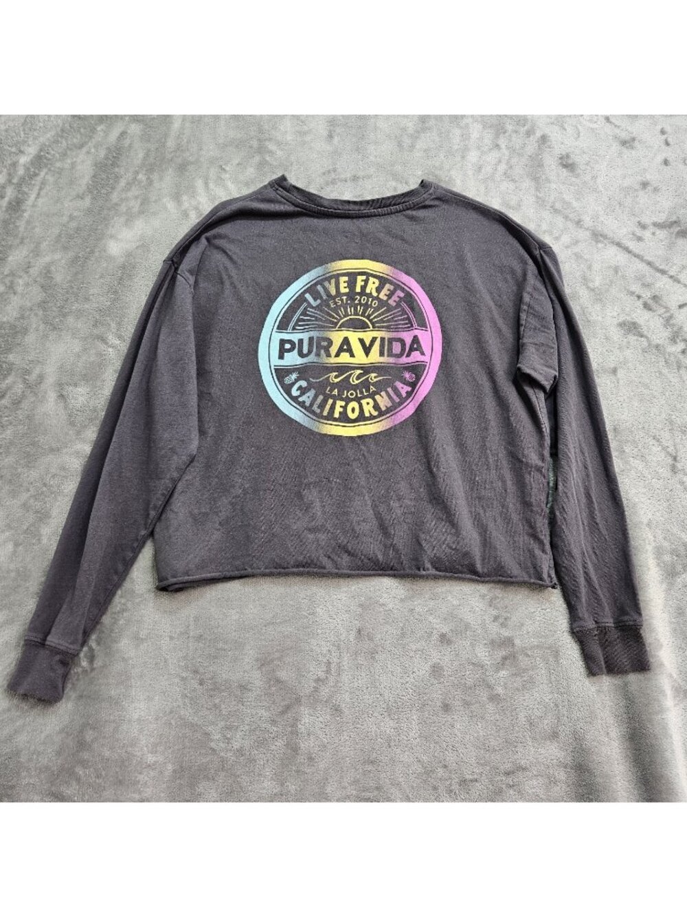 Pura Vida Womens Live Free Graphic Long Sleeve Crop Tee Gray Size Small La Jolla